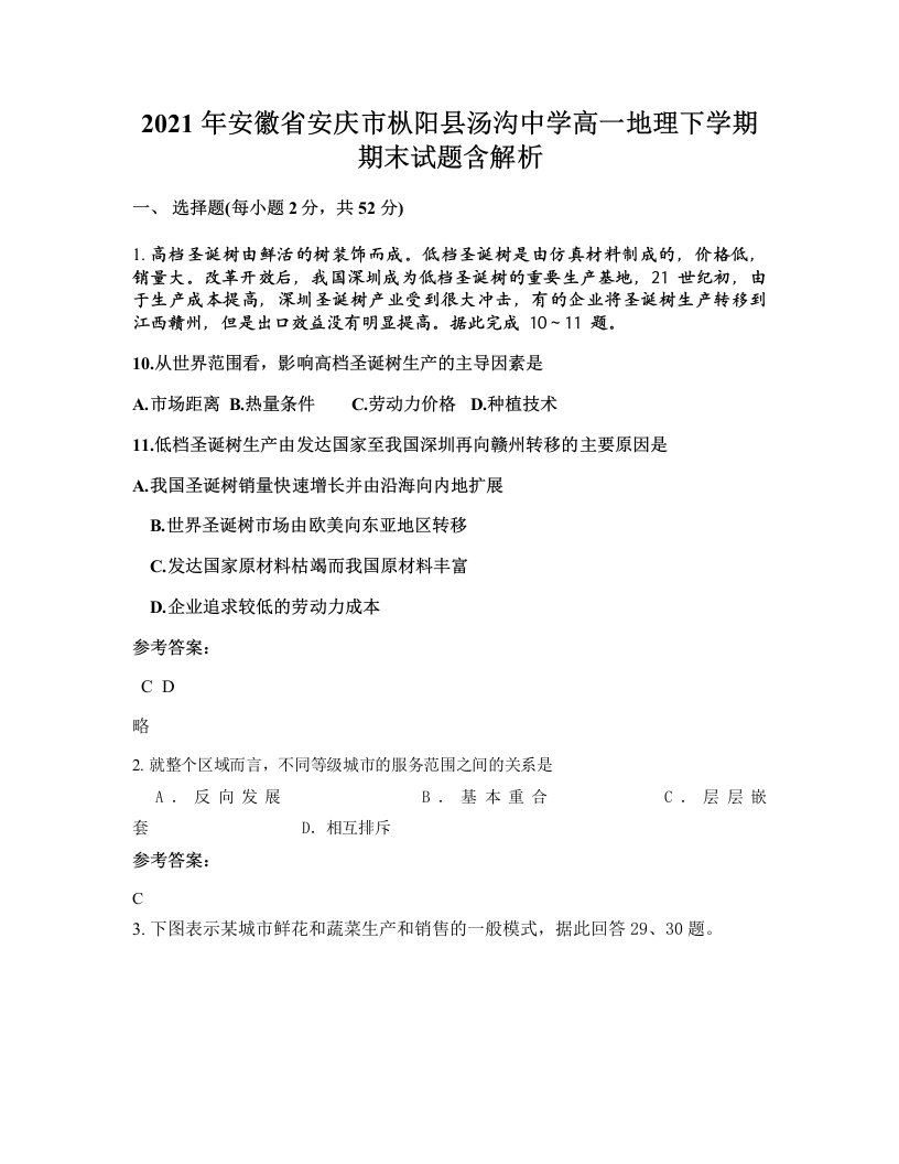 2021年安徽省安庆市枞阳县汤沟中学高一地理下学期期末试题含解析