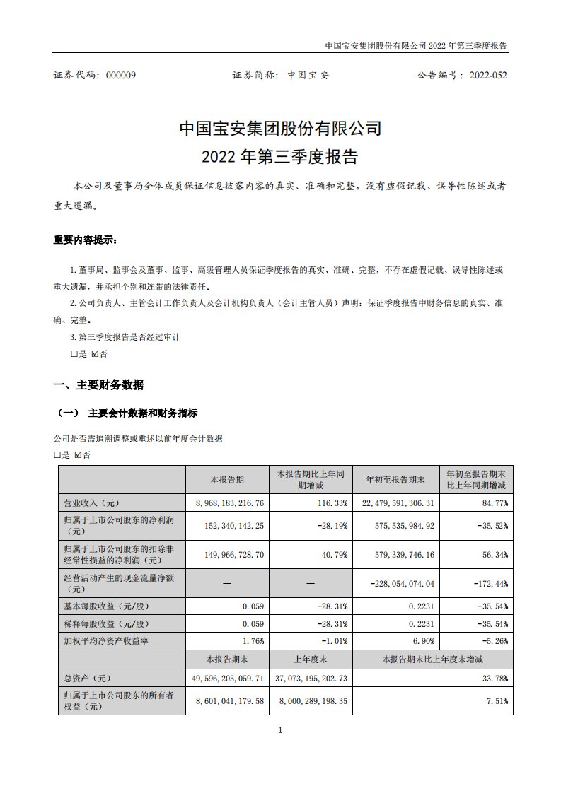 深交所-中国宝安：2022年三季度报告-20221027