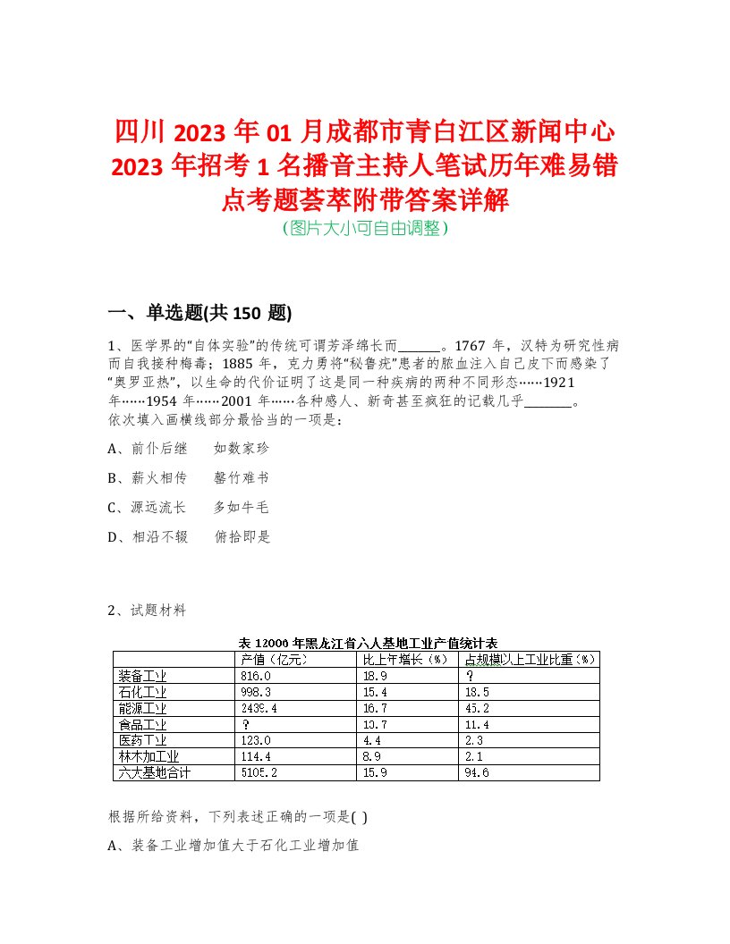 四川2023年01月成都市青白江区新闻中心2023年招考1名播音主持人笔试历年难易错点考题荟萃附带答案详解