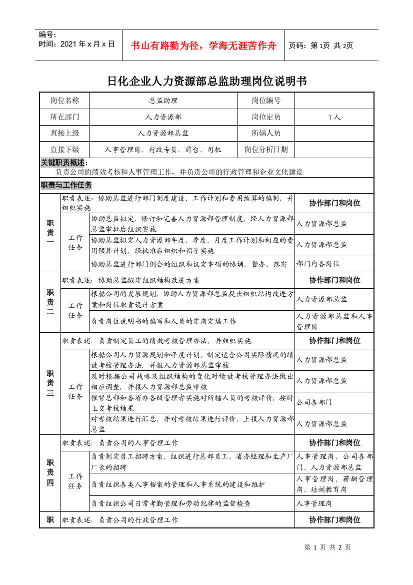 日化企业人力资源部总监助理岗位说明书