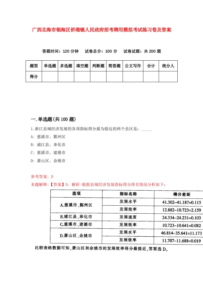 广西北海市银海区侨港镇人民政府招考聘用模拟考试练习卷及答案1