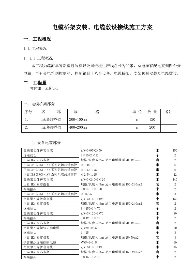 电缆桥架电缆敷设施工方案