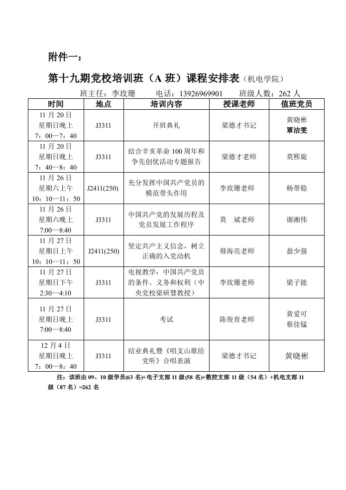 第十九期党校培训班课程表