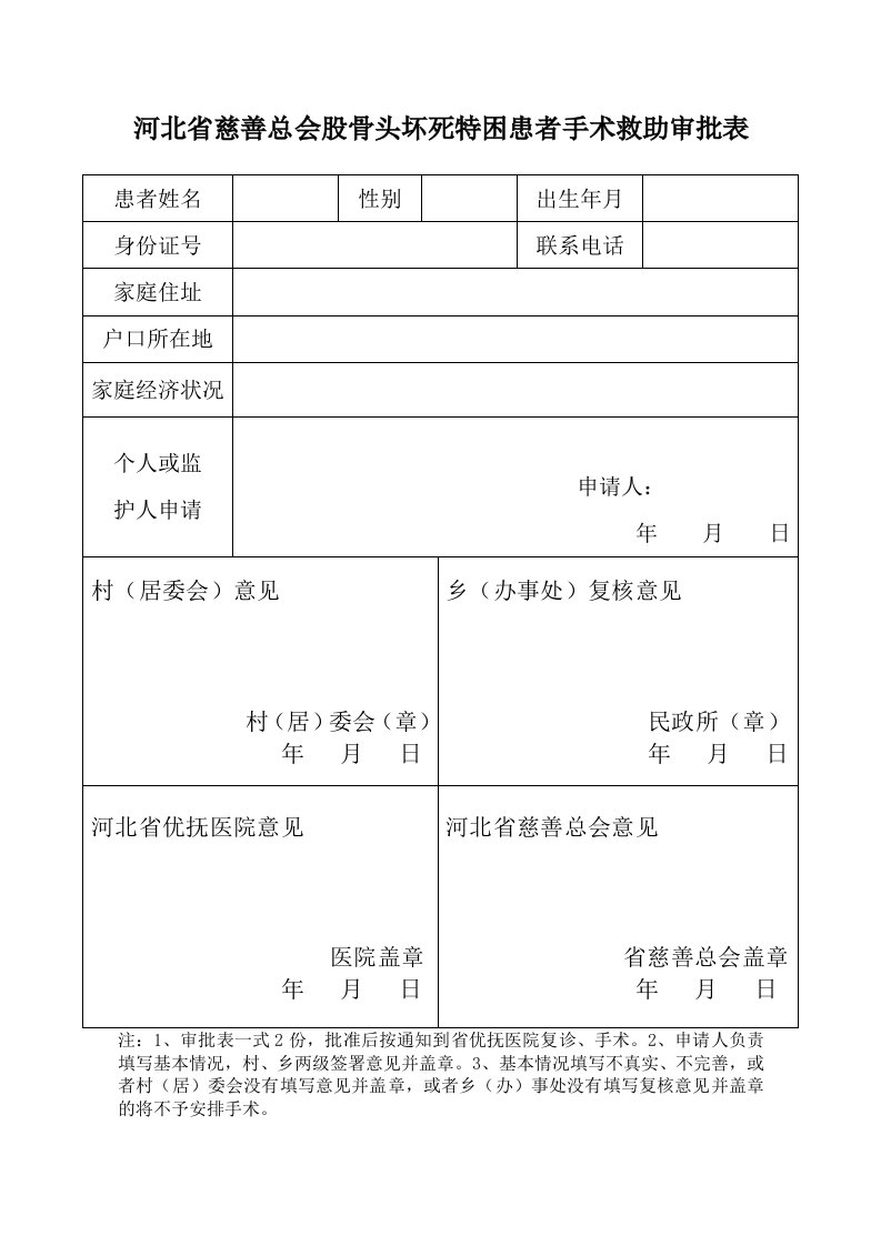 河北慈善总会股骨头坏死特困患者手术救助审批表