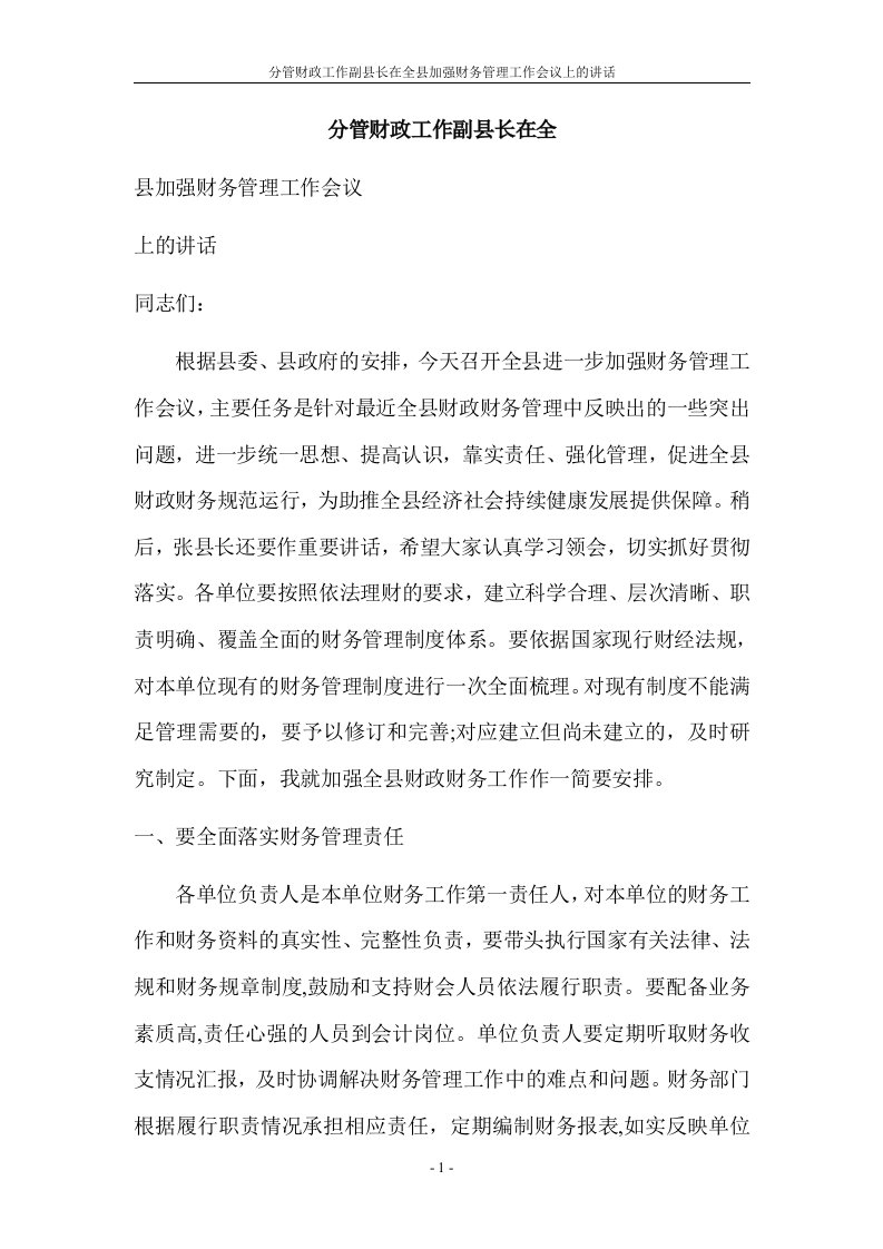 分管财政工作副县长在全县加强财务管理工作会议上的讲话