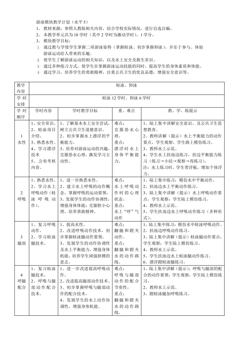 游泳模块教学计划