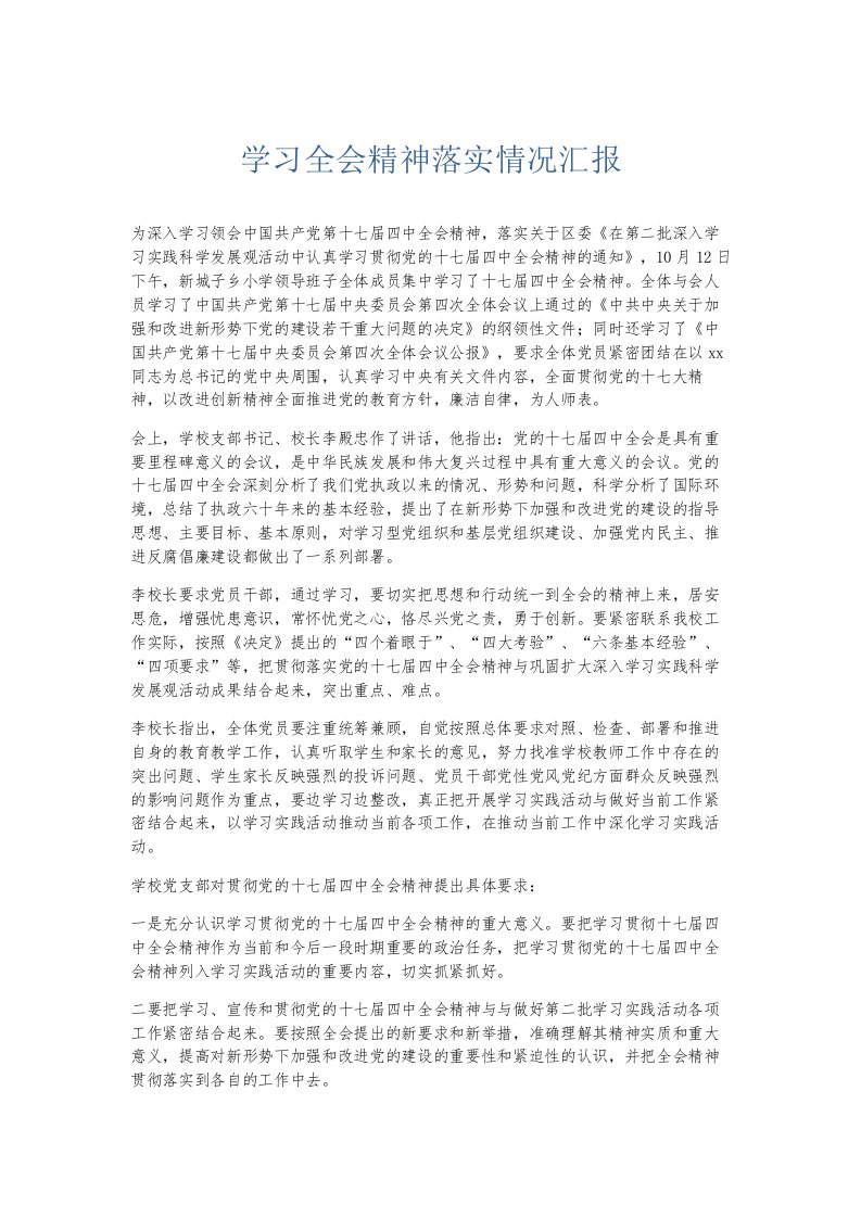 总结报告学习全会精神落实情况汇报