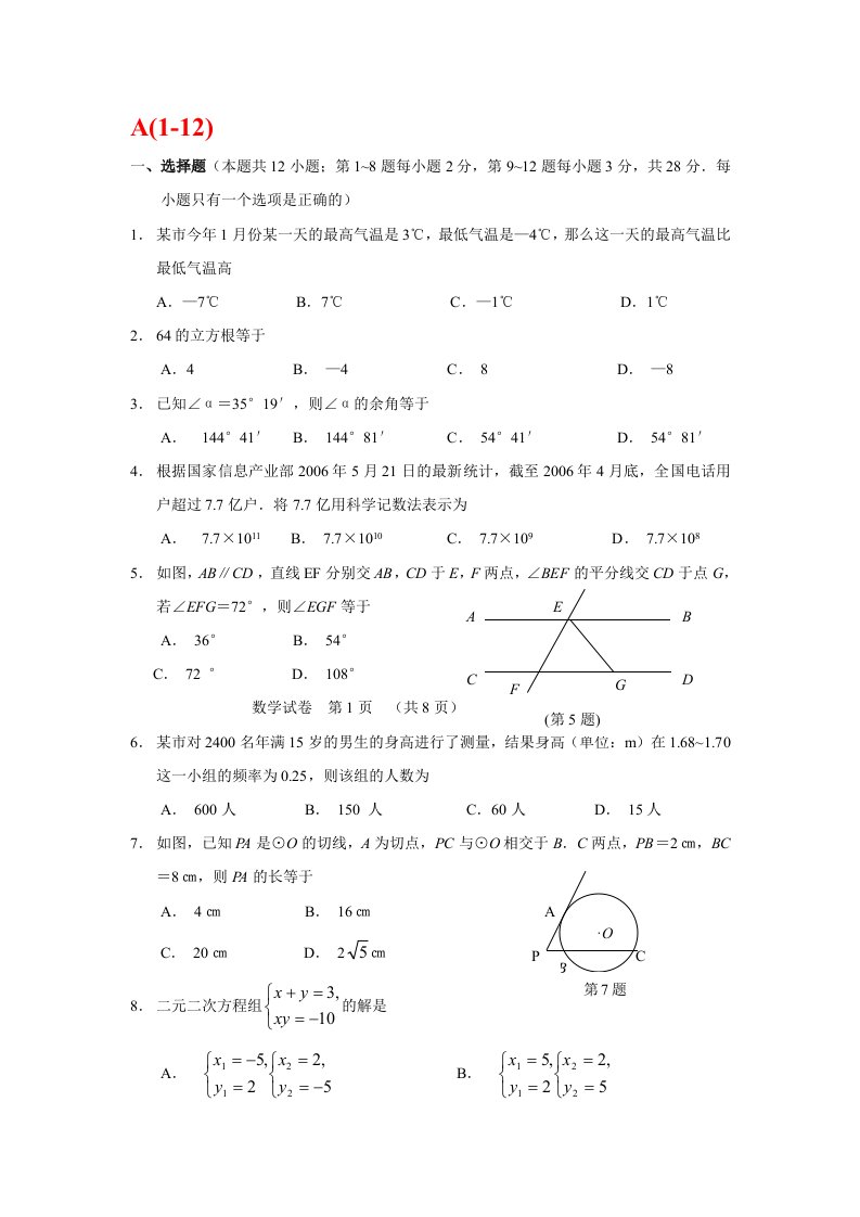 初中数学选择题56道填空50道(附带答案)