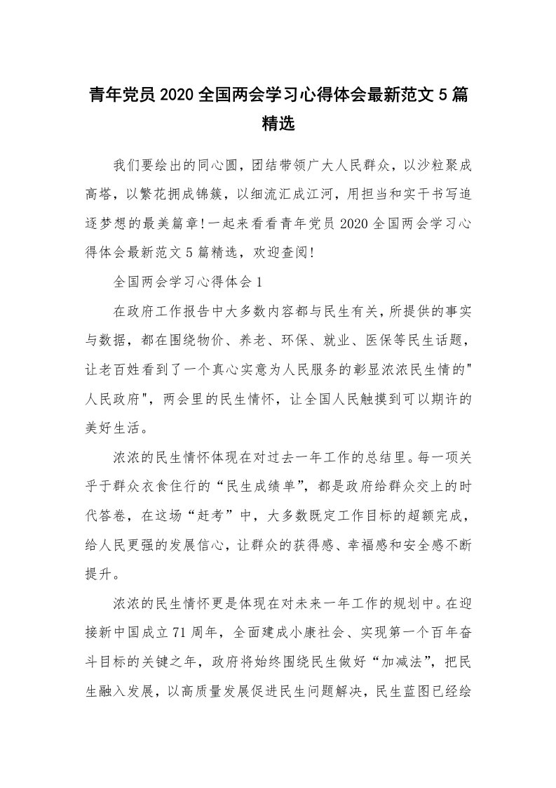 学习总结_青年党员2020全国两会学习心得体会最新范文5篇精选