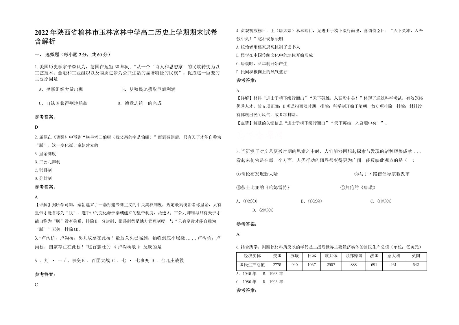 2022年陕西省榆林市玉林富林中学高二历史上学期期末试卷含解析