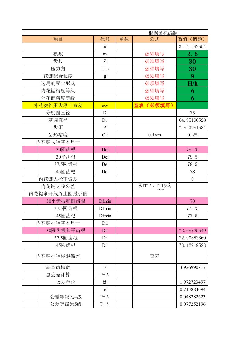 国标渐开线花键计算公式