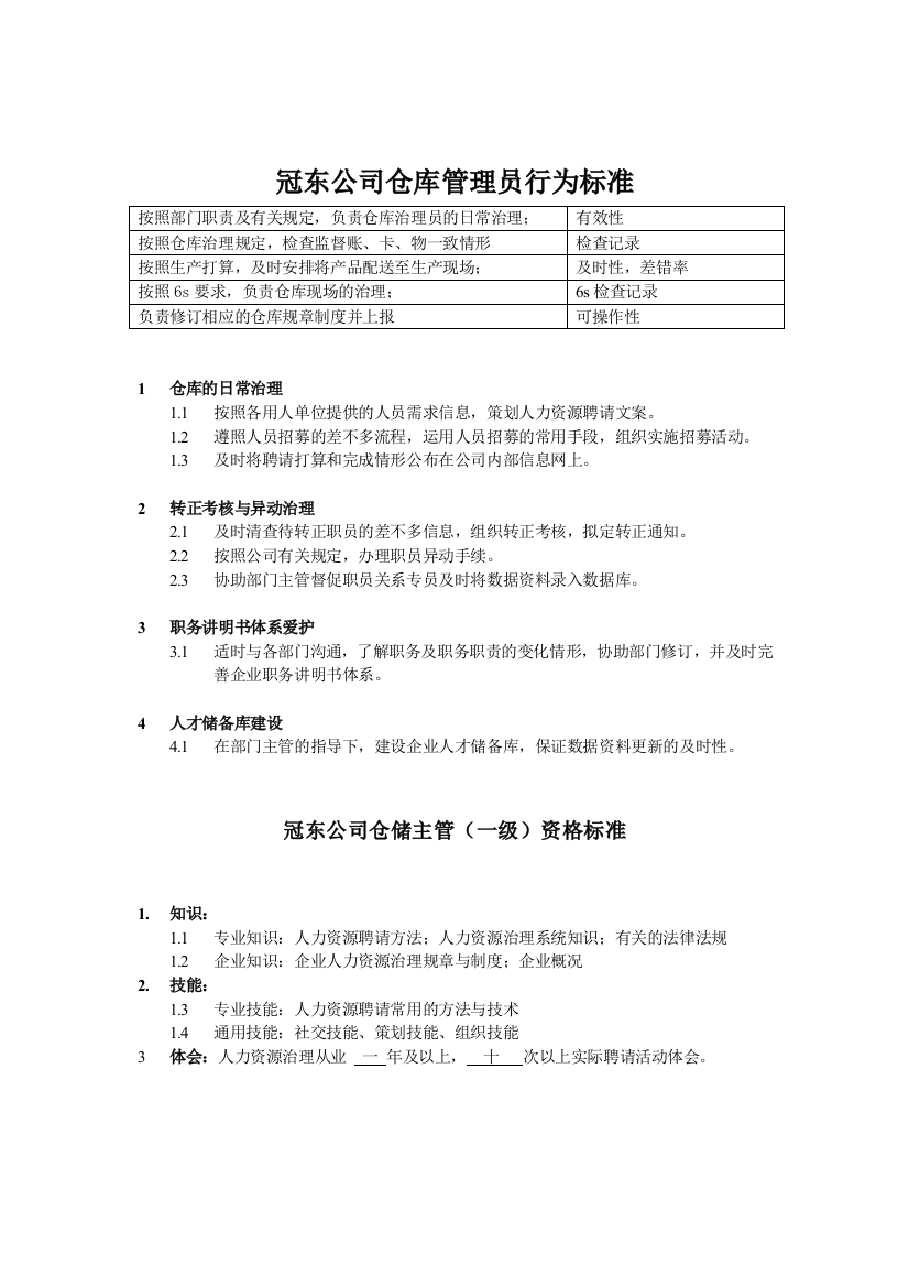 冠东公司仓库管理员行为标准