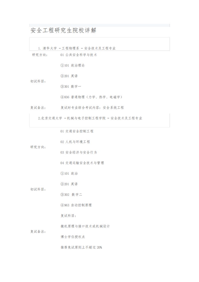 安全工程专业考研院校参考[总结]