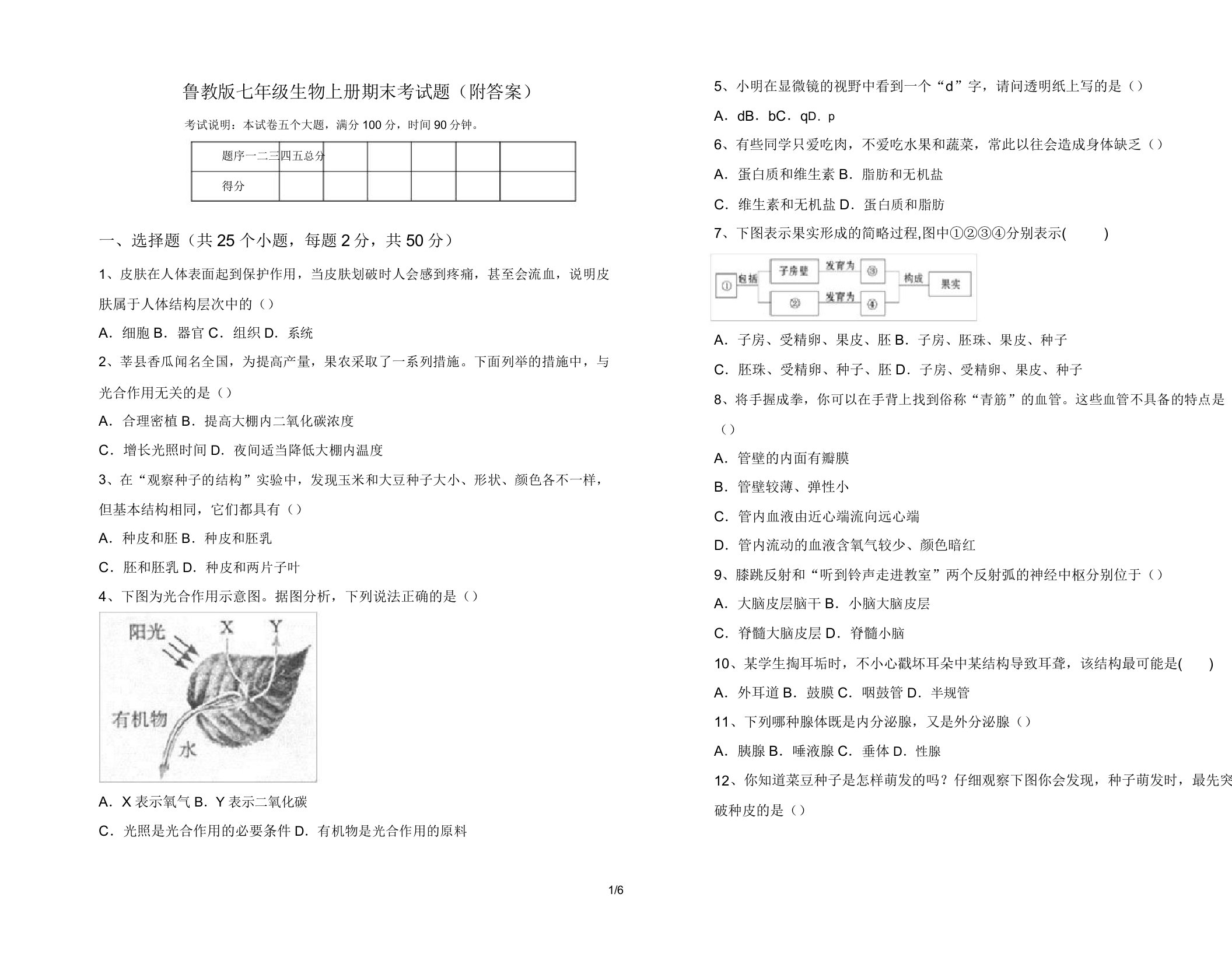 鲁教版七年级生物上册期末考试题(附答案)