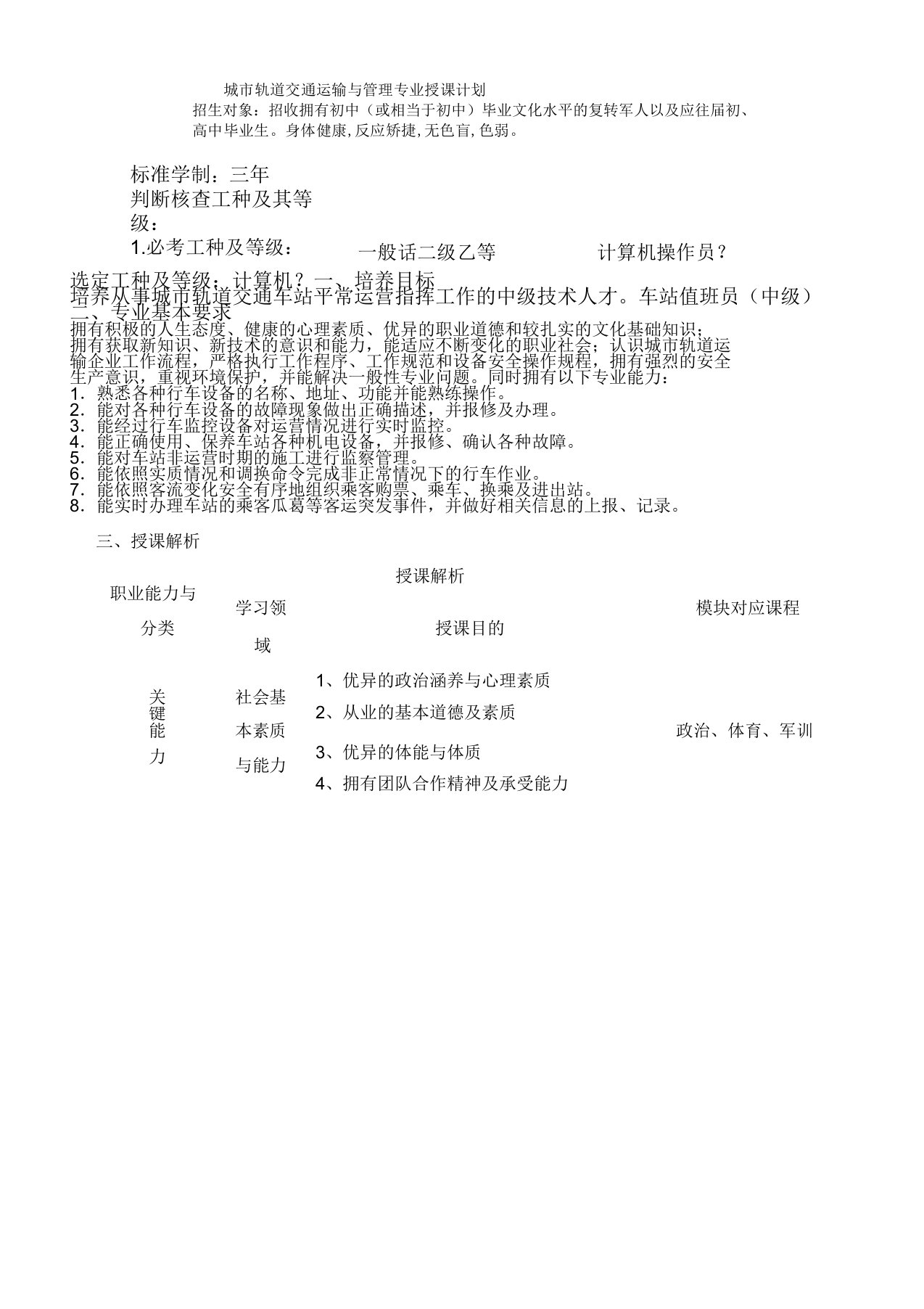 城市轨道交通运输及管理专业教学计划