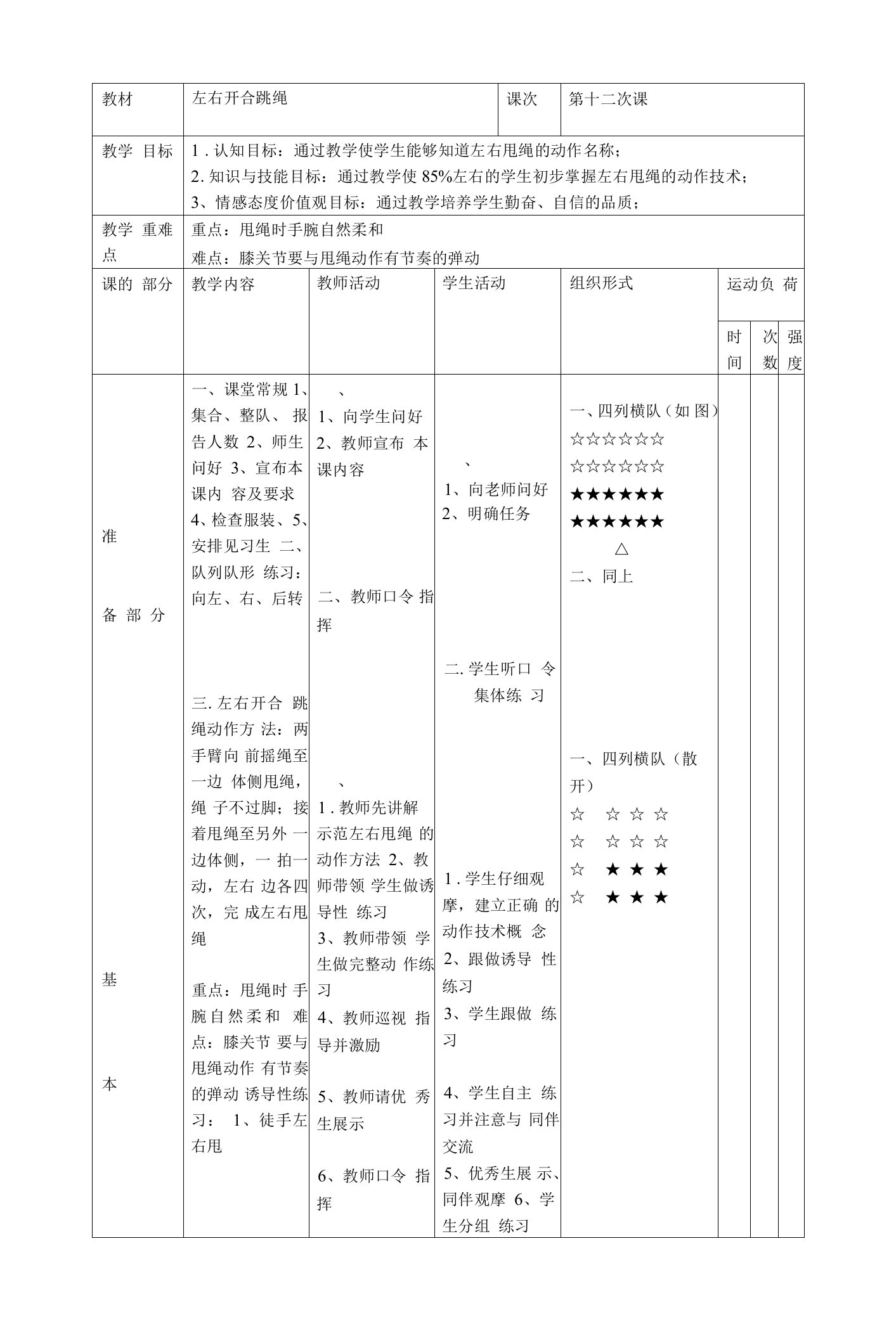 跳绳校本课程第十二次课左右开合跳绳教案