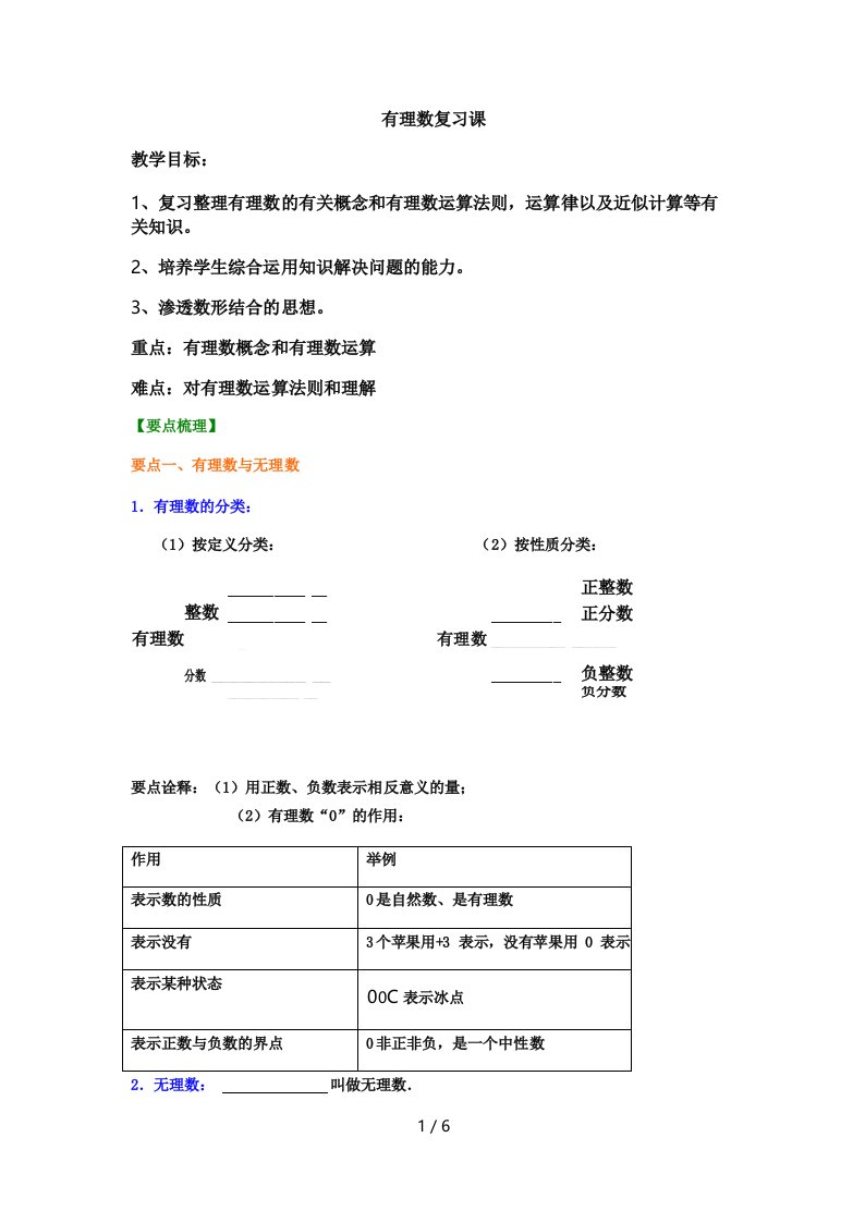 苏科版数学七年级上册第2章有理数复习课教案