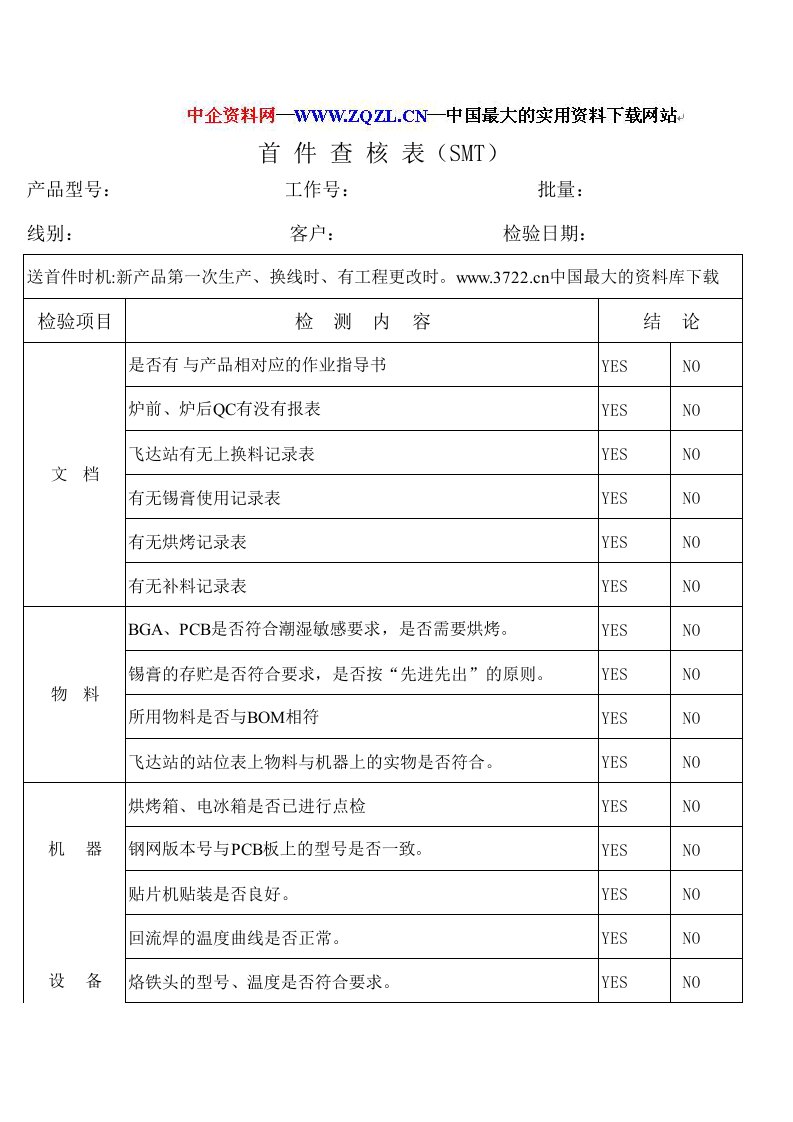 smt表面组装技术-SMT首件查核表XLS