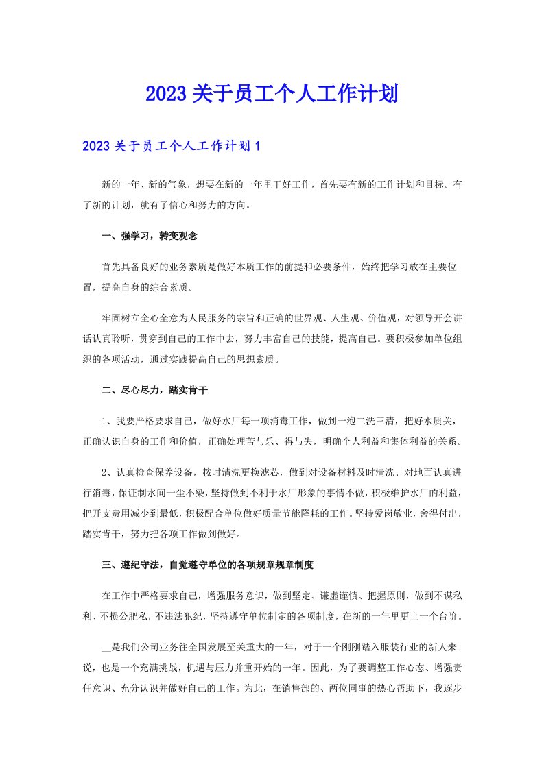 2023关于员工个人工作计划（可编辑）