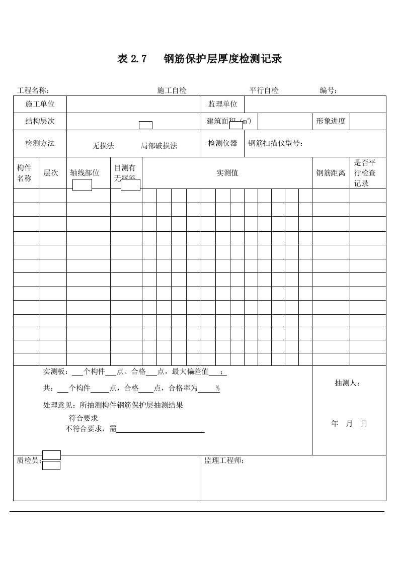 钢筋保护层厚度检测记录