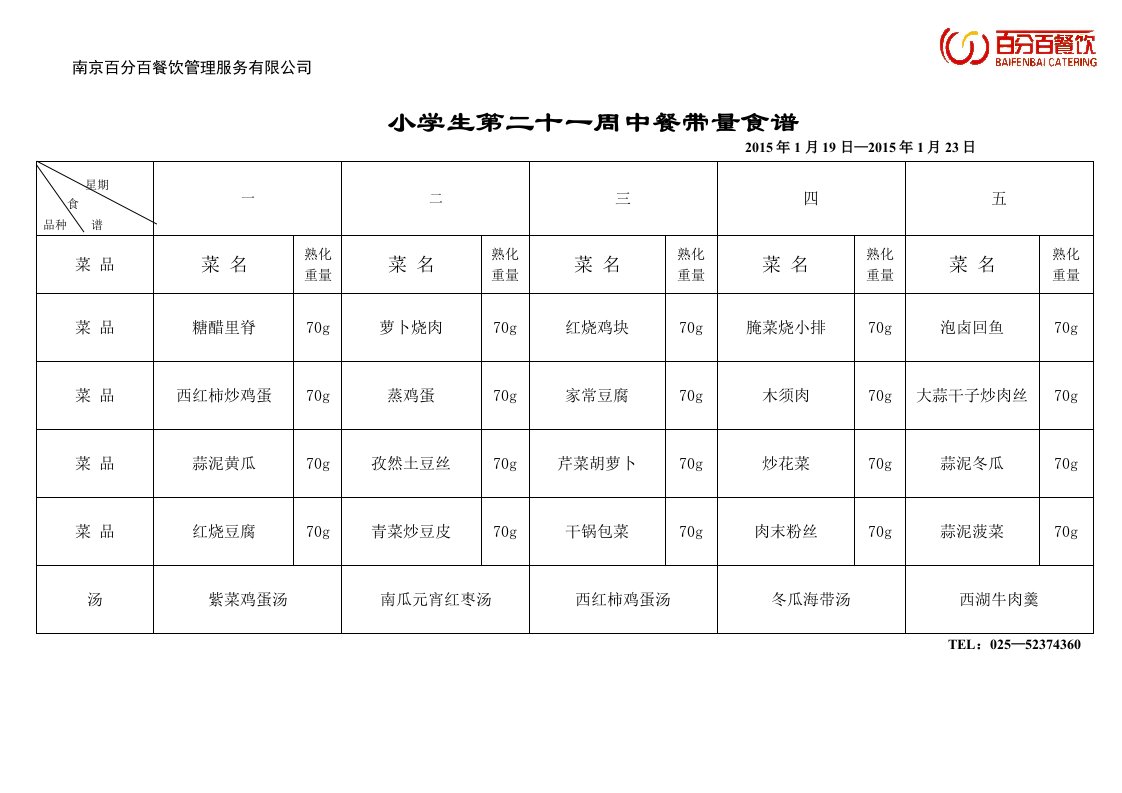 小学生第二十一周中餐带量食谱