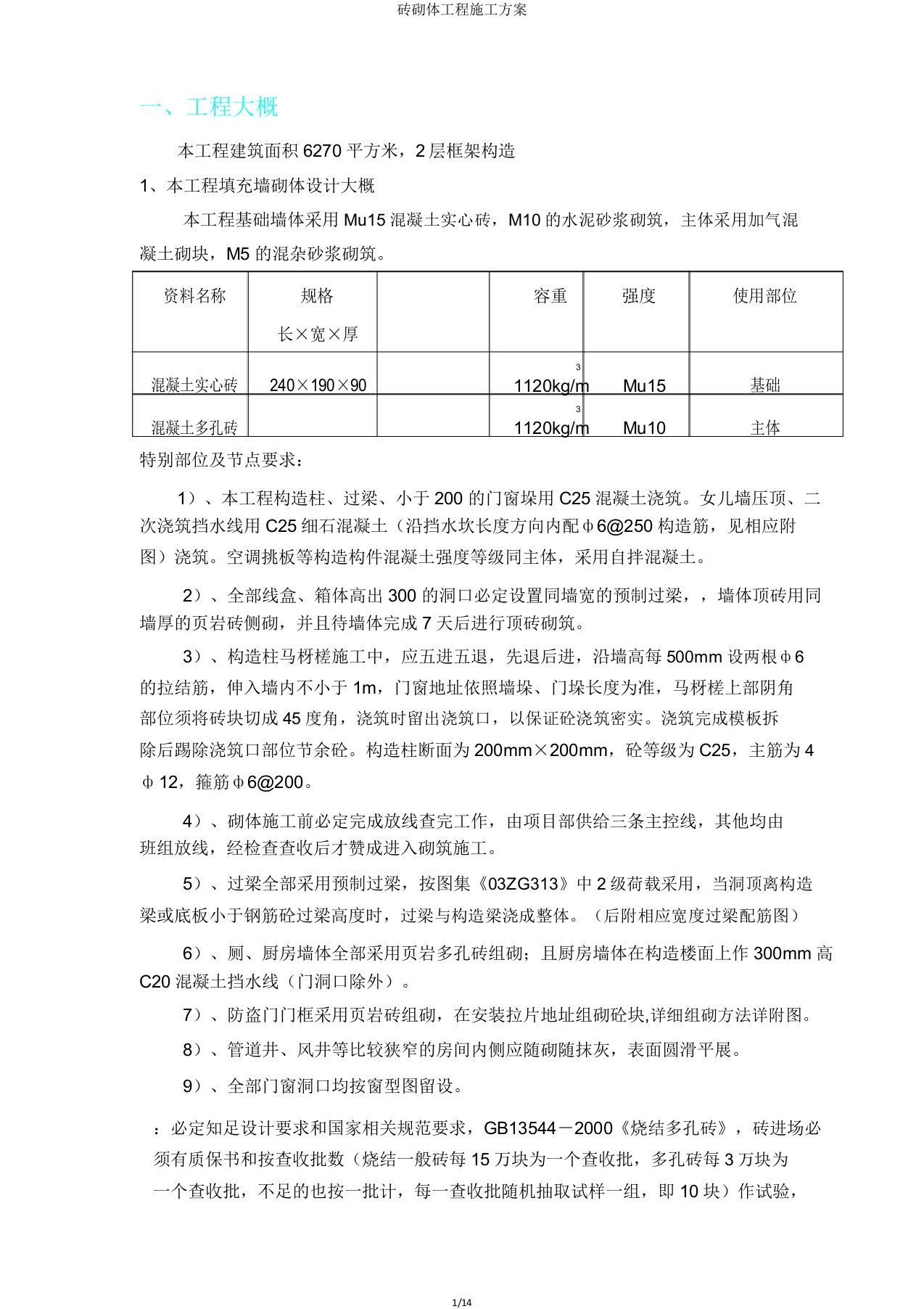 砖砌体工程施工方案