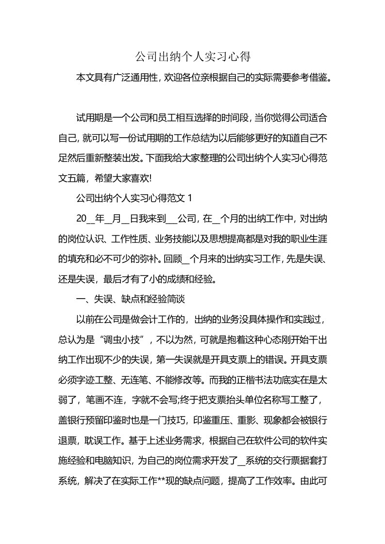 公司出纳个人实习心得