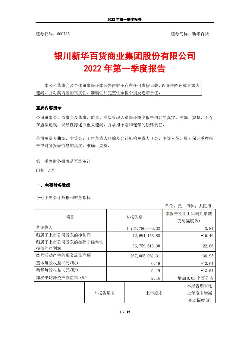 上交所-银川新华百货商业集团股份有限公司2022年第一季度报告-20220421