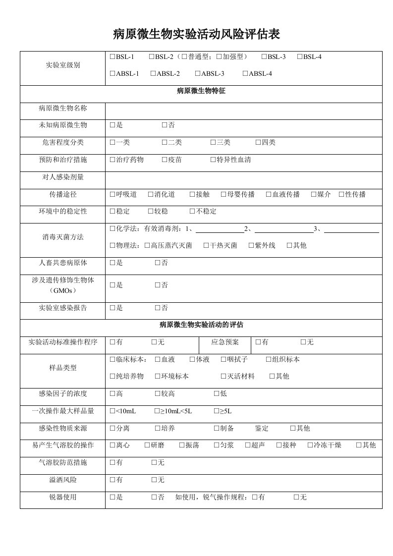 病原微生物实验活动风险评估表