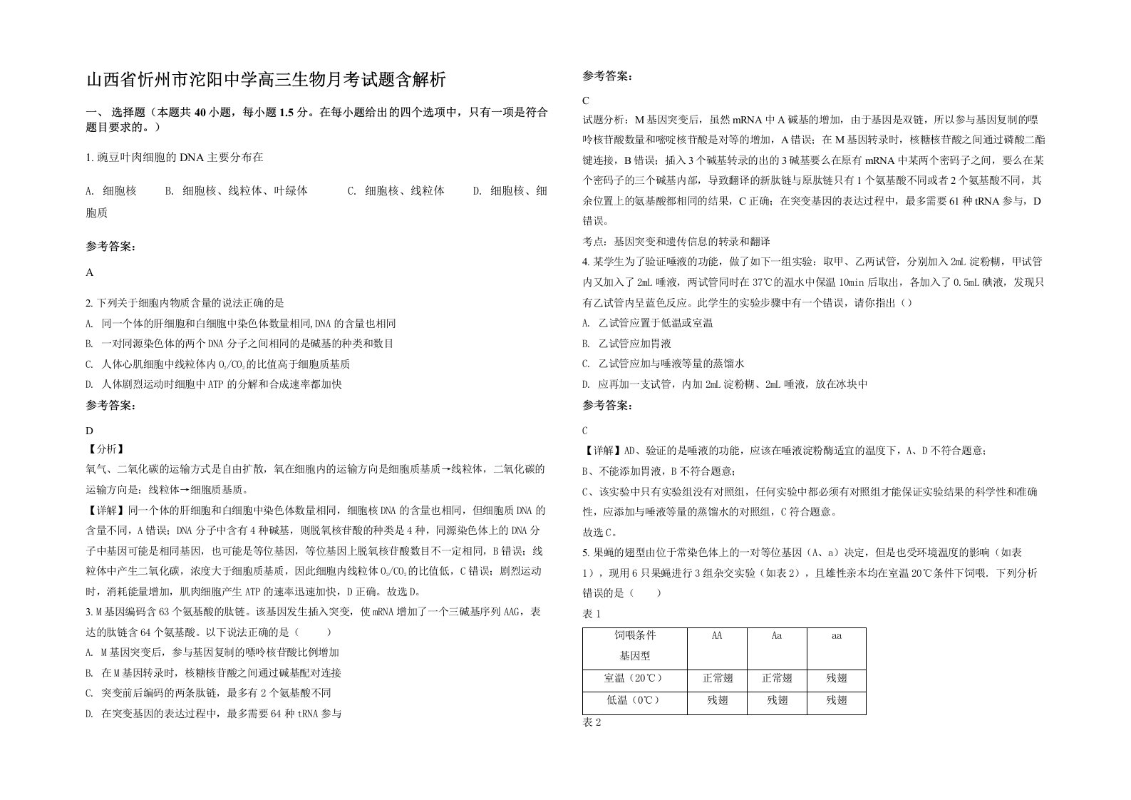 山西省忻州市沱阳中学高三生物月考试题含解析