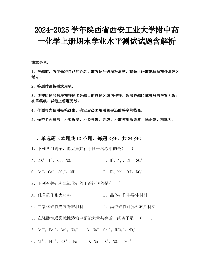 2024-2025学年陕西省西安工业大学附中高一化学上册期末学业水平测试试题含解析