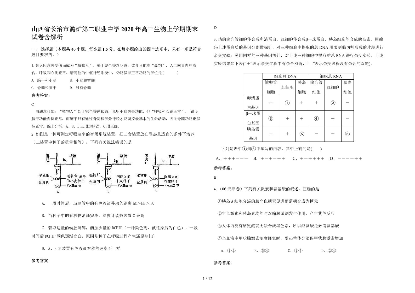 山西省长治市潞矿第二职业中学2020年高三生物上学期期末试卷含解析