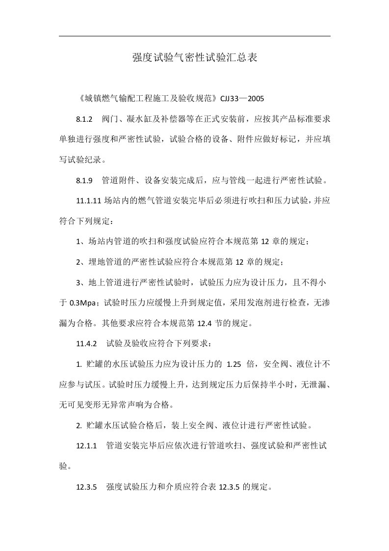 强度试验气密性试验汇总表