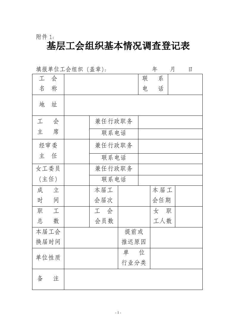 基层工会组织基本情况调查登记表