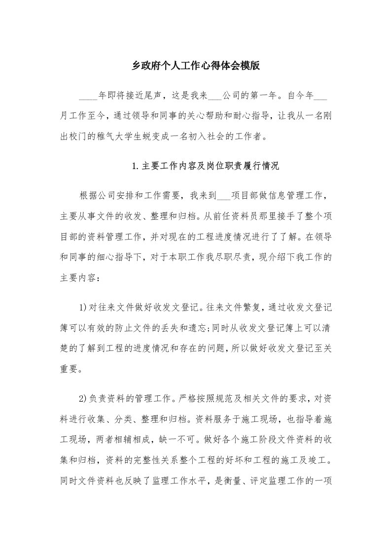 乡政府个人工作心得体会模版