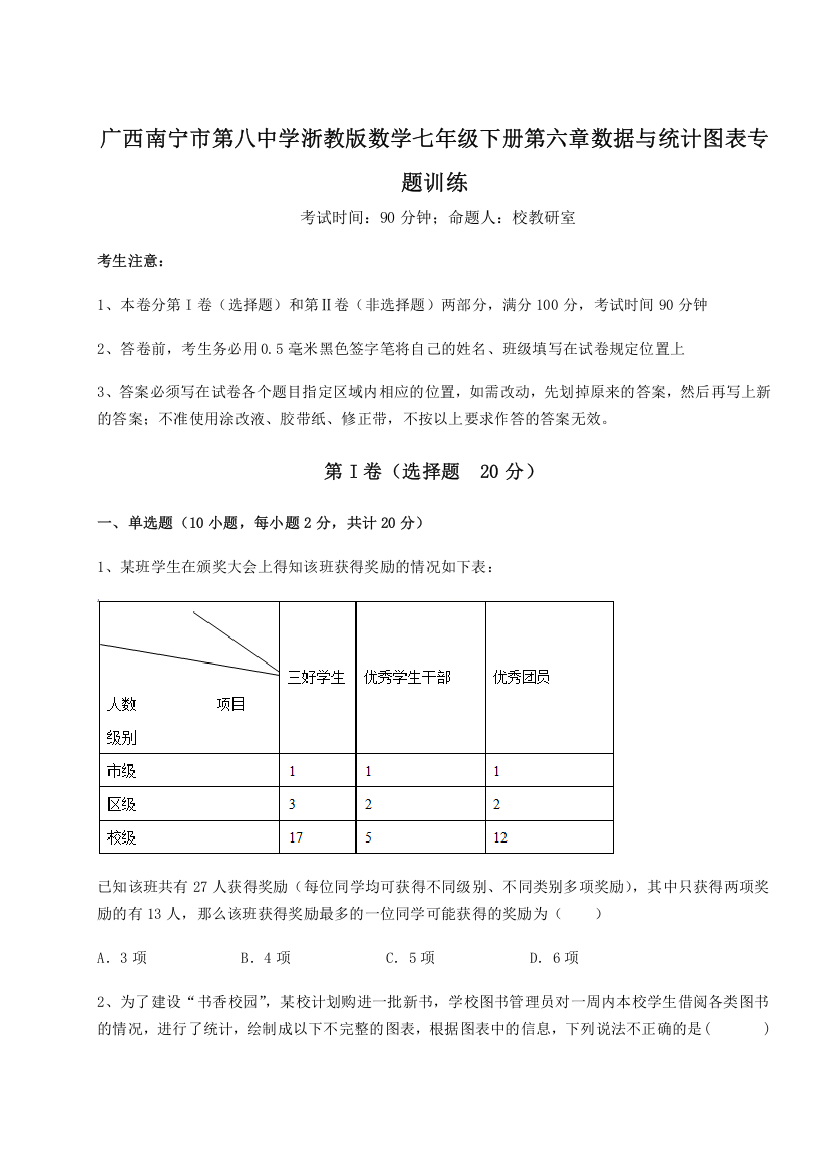 难点解析广西南宁市第八中学浙教版数学七年级下册第六章数据与统计图表专题训练试题