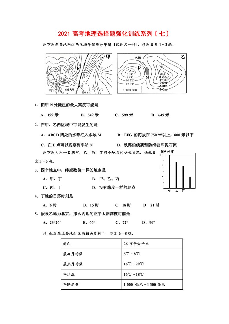 202X高三地理高考选择题强化训练系列（7）全国通用