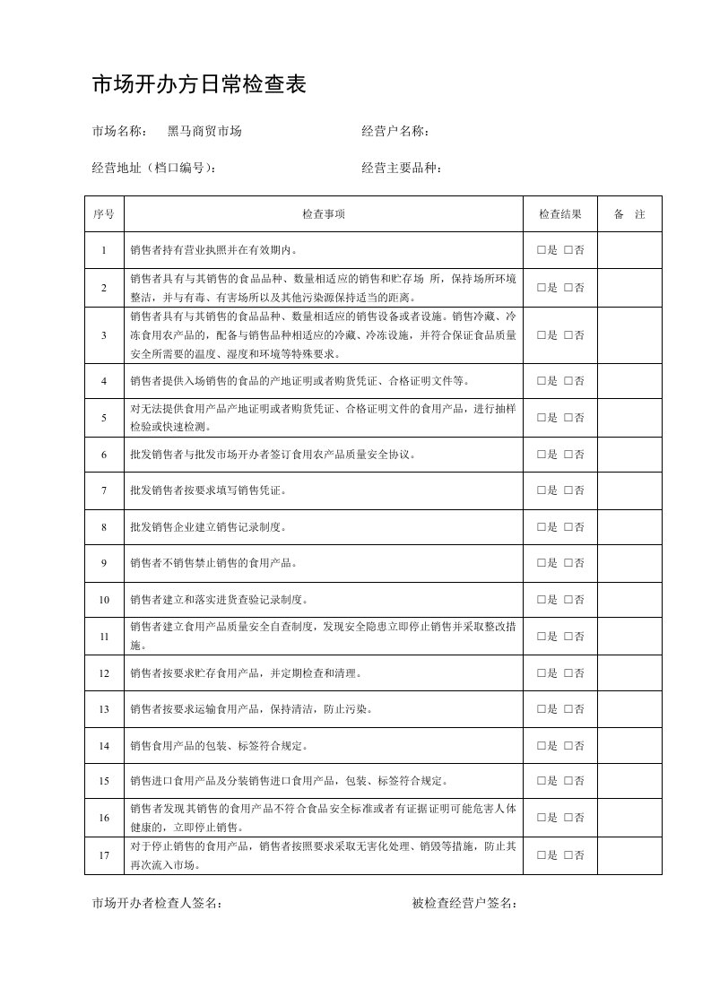 市场开办方日常检查表