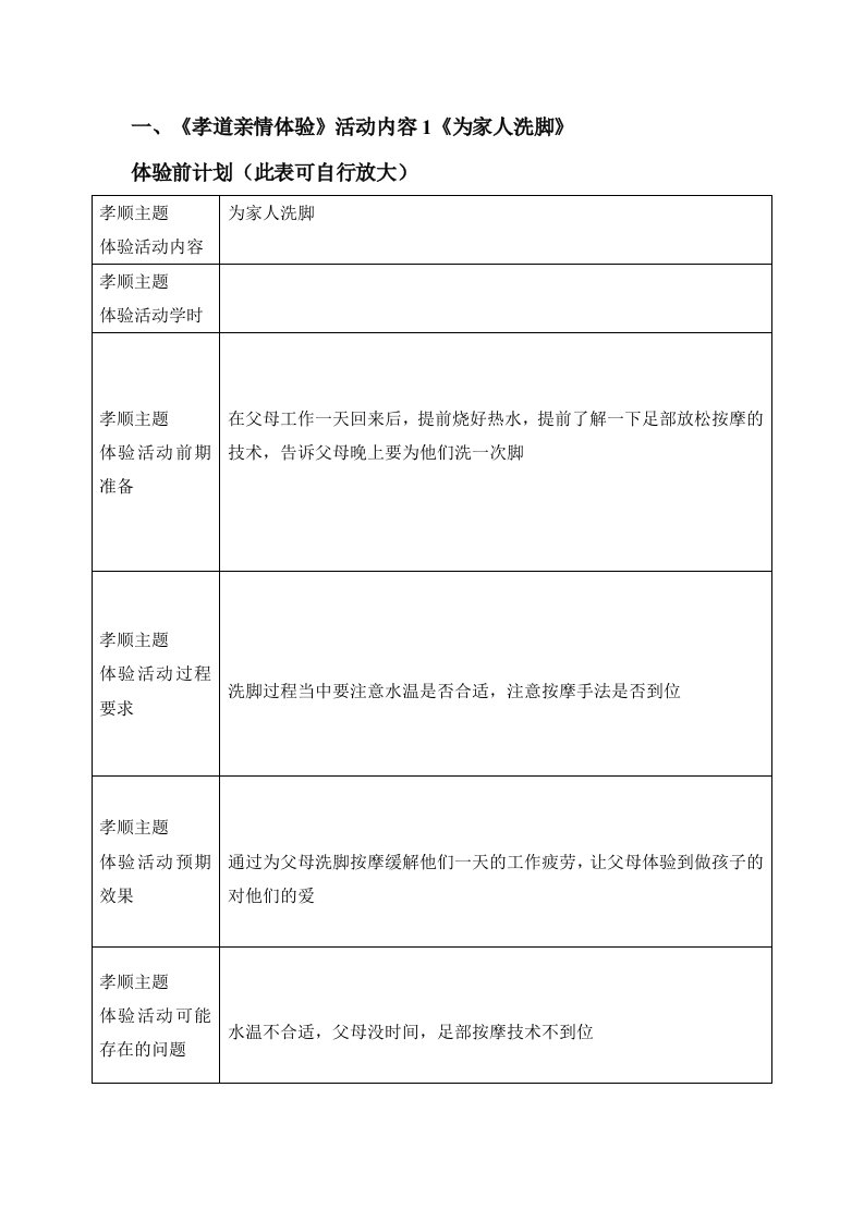 生涯规划-体验式学习为家人洗脚活动模板