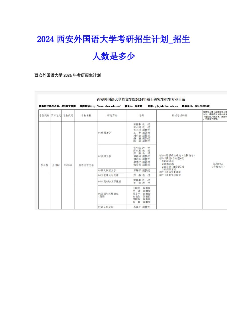 2024西安外国语大学考研招生计划_招生人数是多少