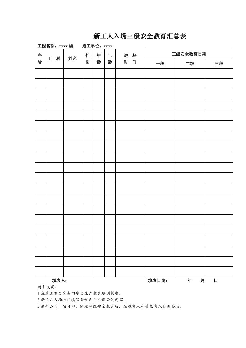 使用建筑三级安全教育表格大全