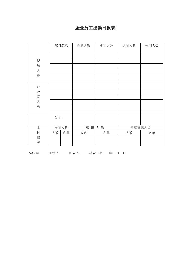 工程资料-企业员工出勤日报表