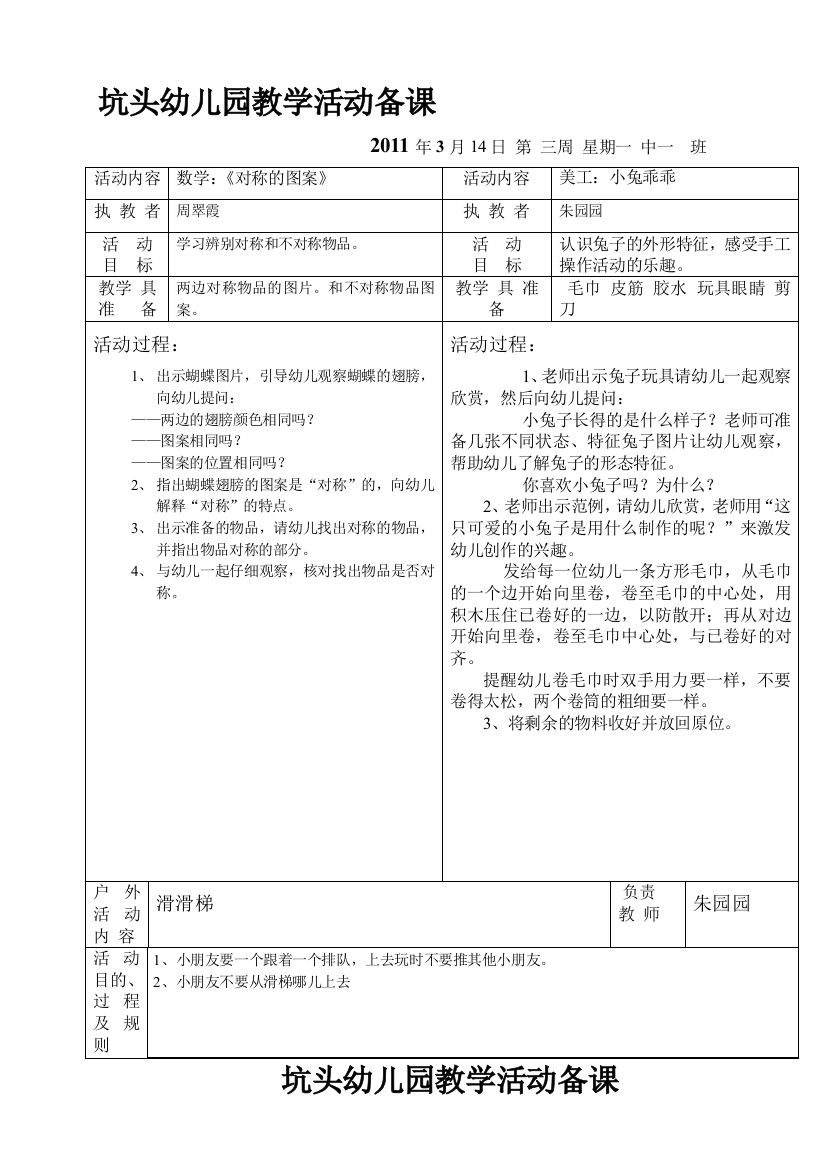 坑头幼儿园2011学年第二学期中一班备课,第3周礼拜1