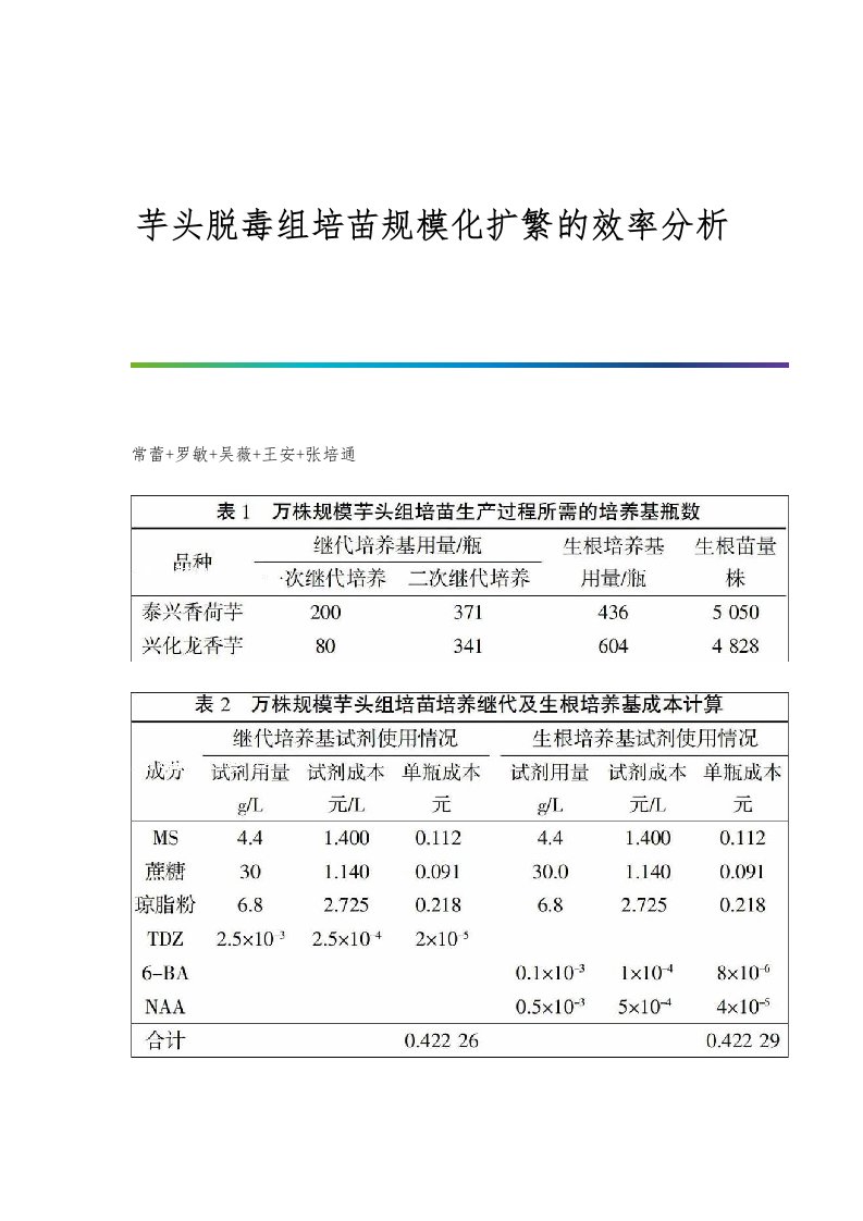 芋头脱毒组培苗规模化扩繁的效率分析