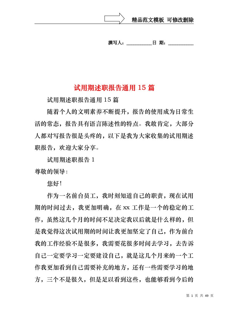 2022年试用期述职报告通用15篇