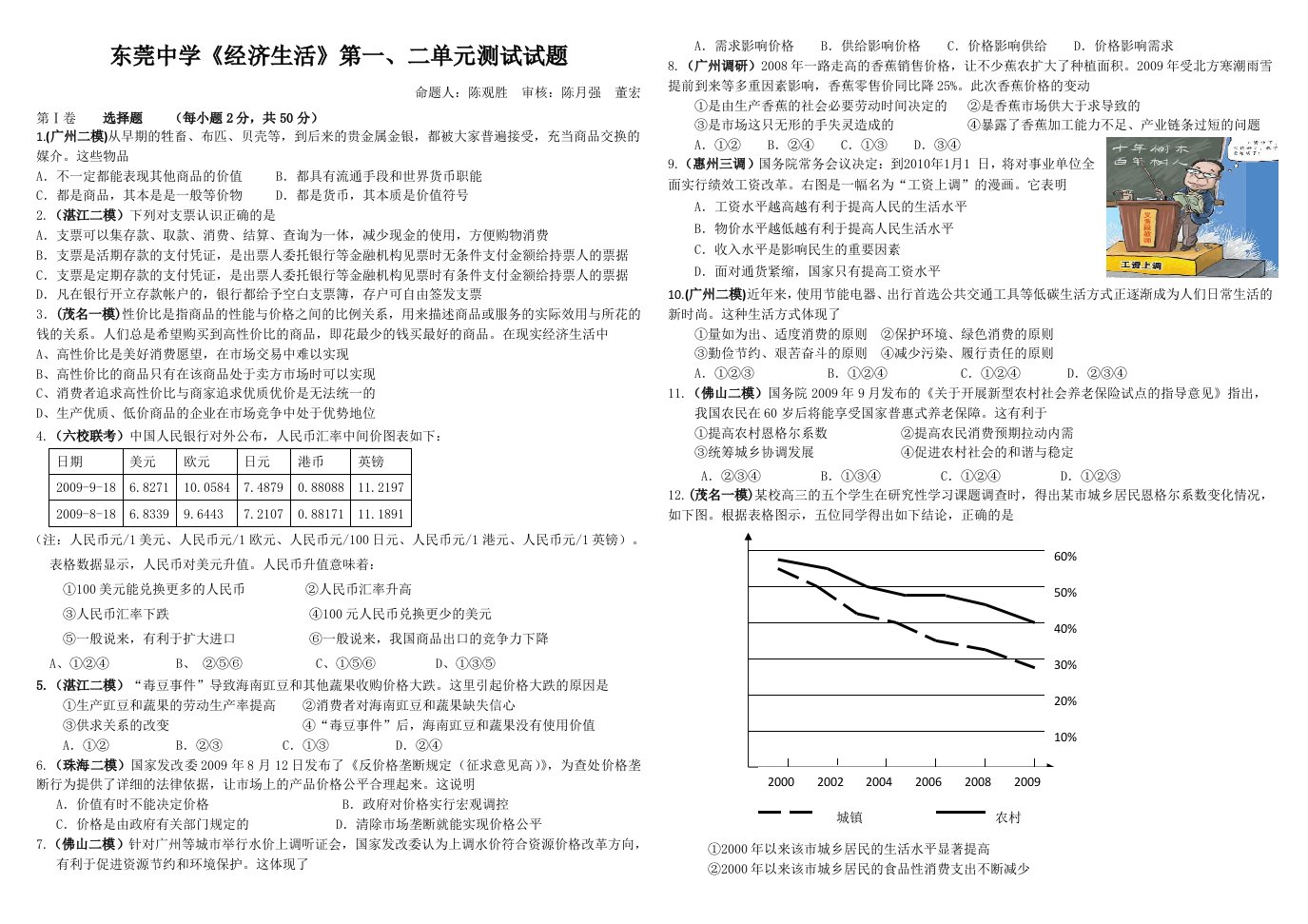 东莞中学经济生活第一二单元测试试题