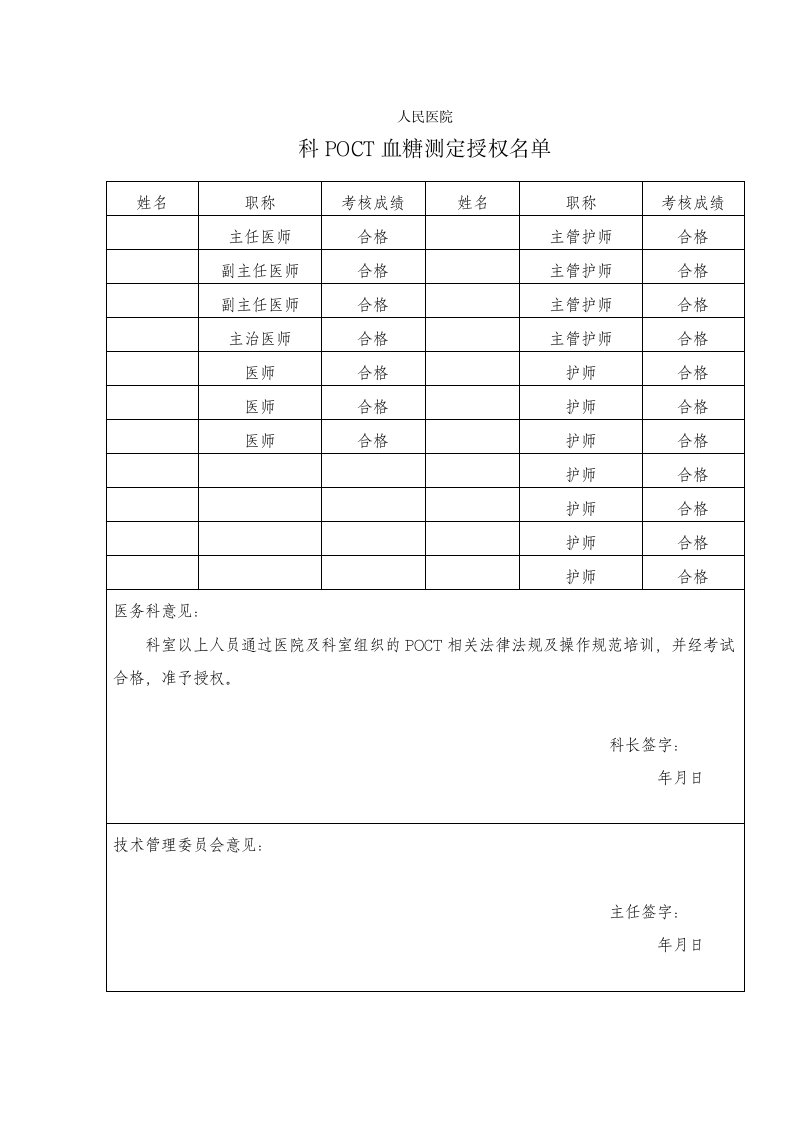 POCT血糖测定授权表