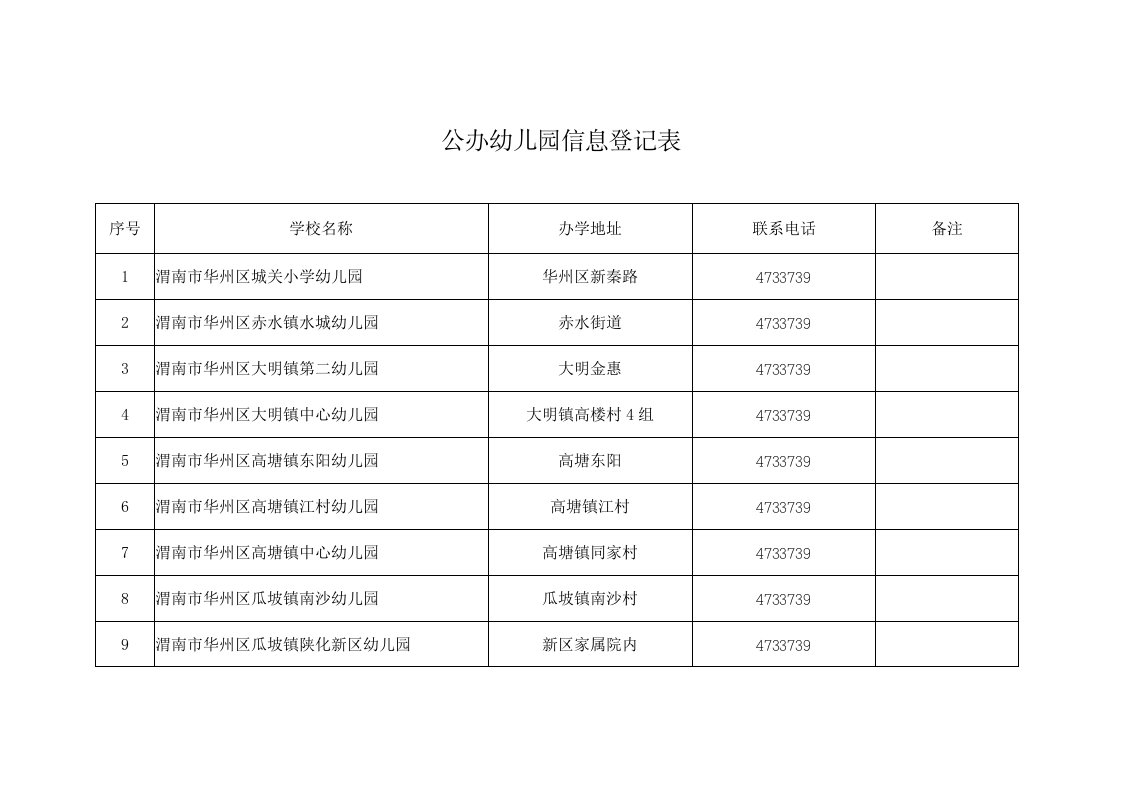 公办幼儿园信息登记表