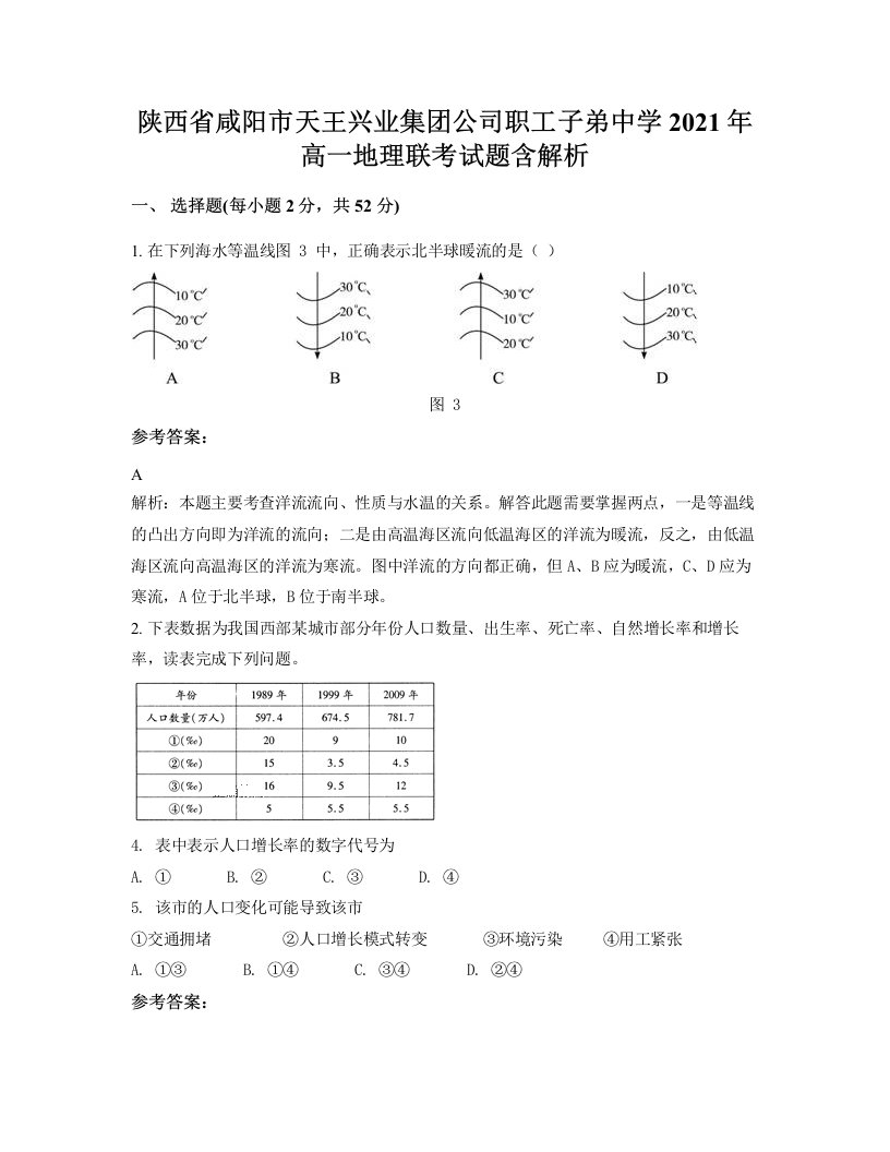 陕西省咸阳市天王兴业集团公司职工子弟中学2021年高一地理联考试题含解析