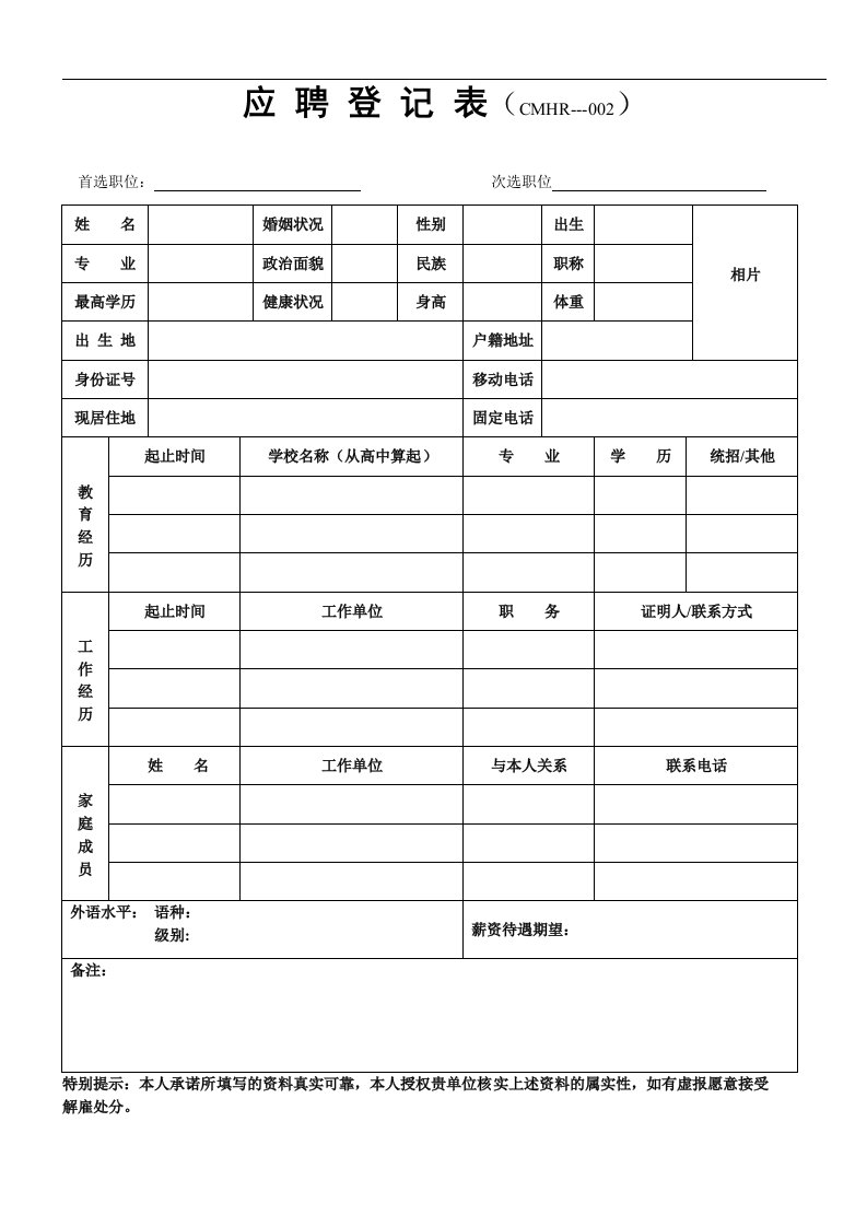 精选应聘登记表CMHR